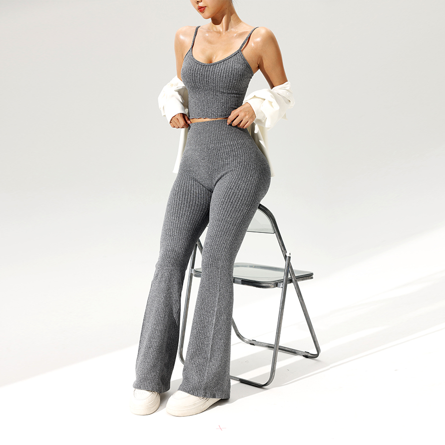 2pcs/set Seamless Flared Pants - Tank Top Ribbed บทวิจารณ์และราคา