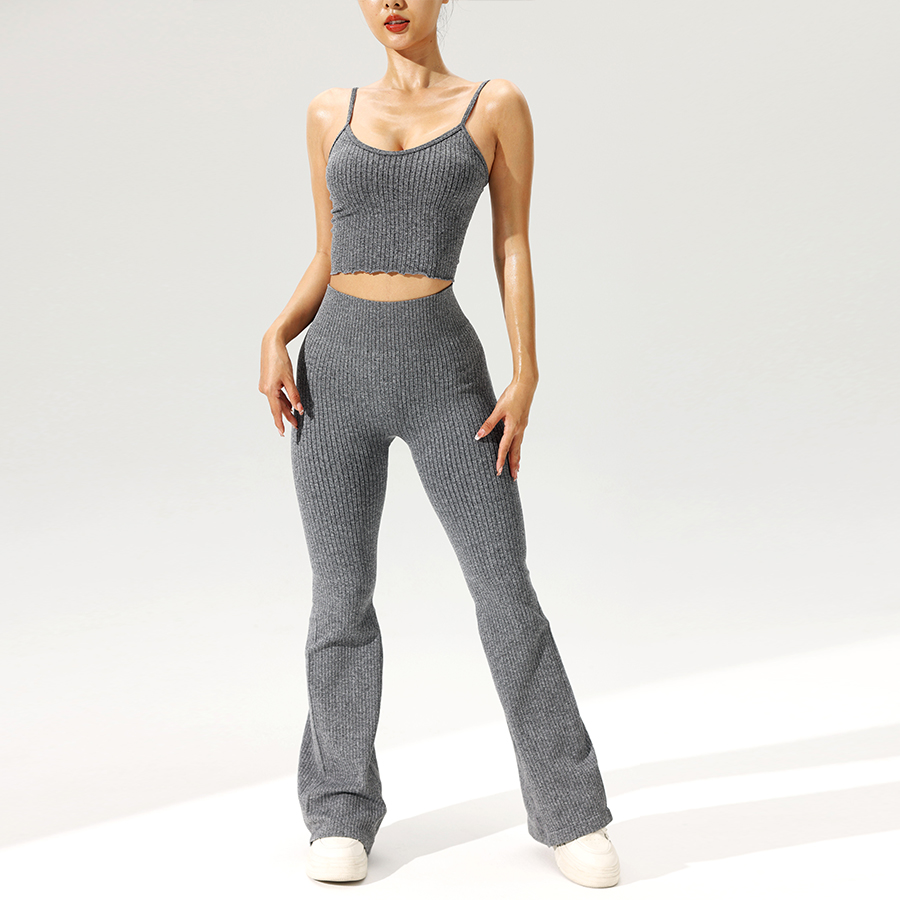 2pcs/set Seamless Flared Pants - Tank Top Ribbed บทวิจารณ์และราคา