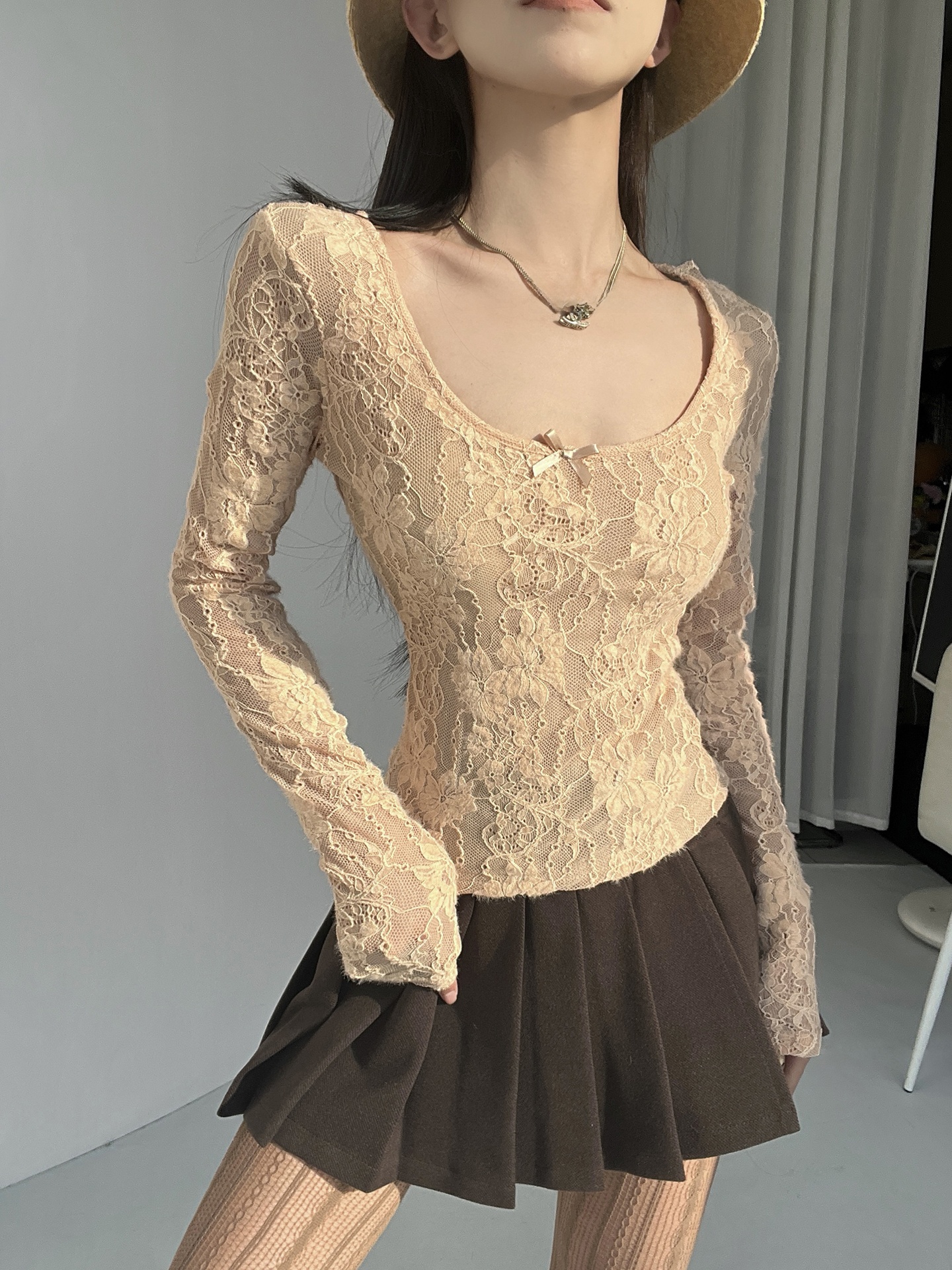 Slimming Lace V-Neck Long Slee - T Shirt Tight Fit บทวิจารณ์และราคา