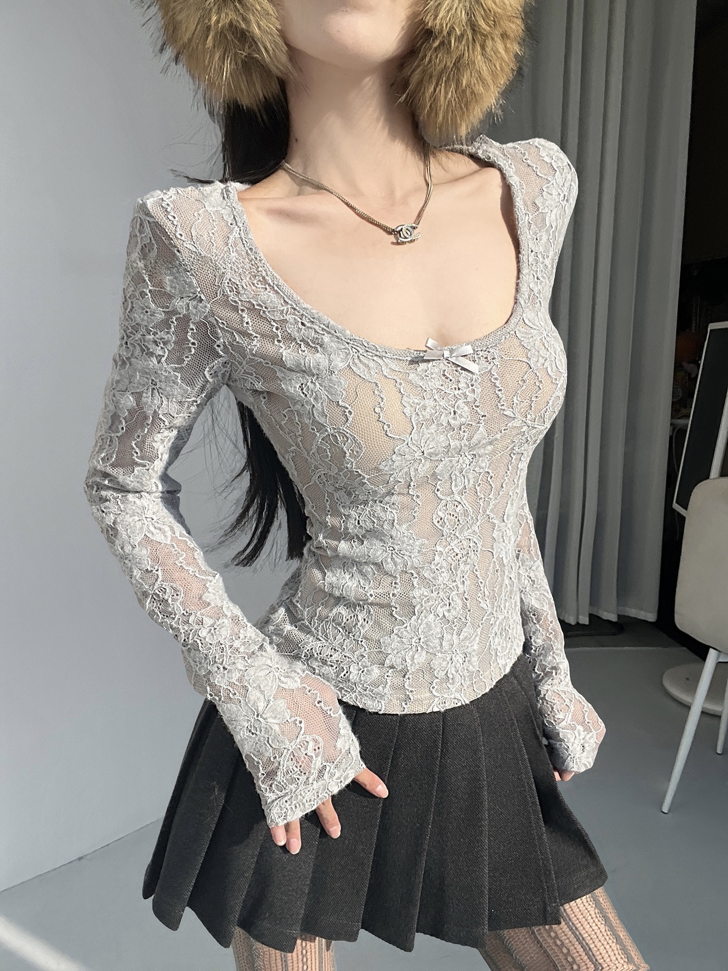 Slimming Lace V-Neck Long Slee - T Shirt Tight Fit บทวิจารณ์และราคา